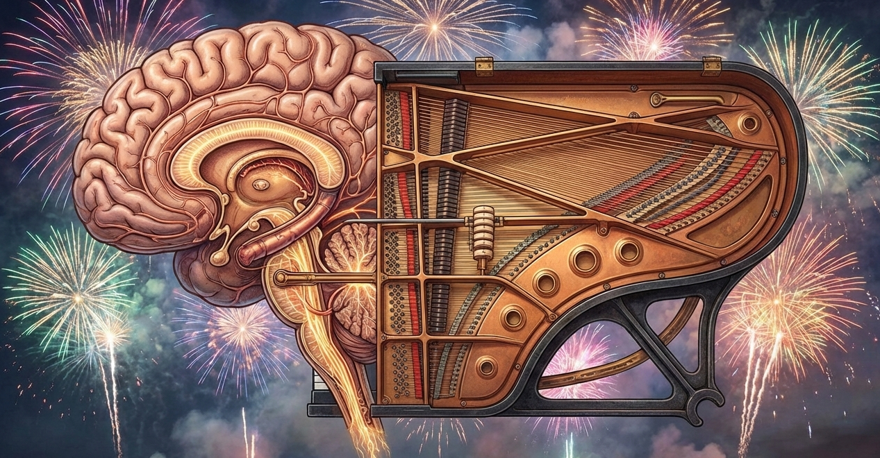 With the firework as background, the brain is integrating with the piano showing the situation of the brain when playing piano.