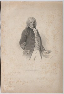 A historical portrait of a man in 18th century attire, featuring a waistcoat and coat, standing with a slight smile and one hand resting on a table.