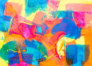 A vibrant abstract painting featuring bold splashes of blue, pink, orange, and yellow.